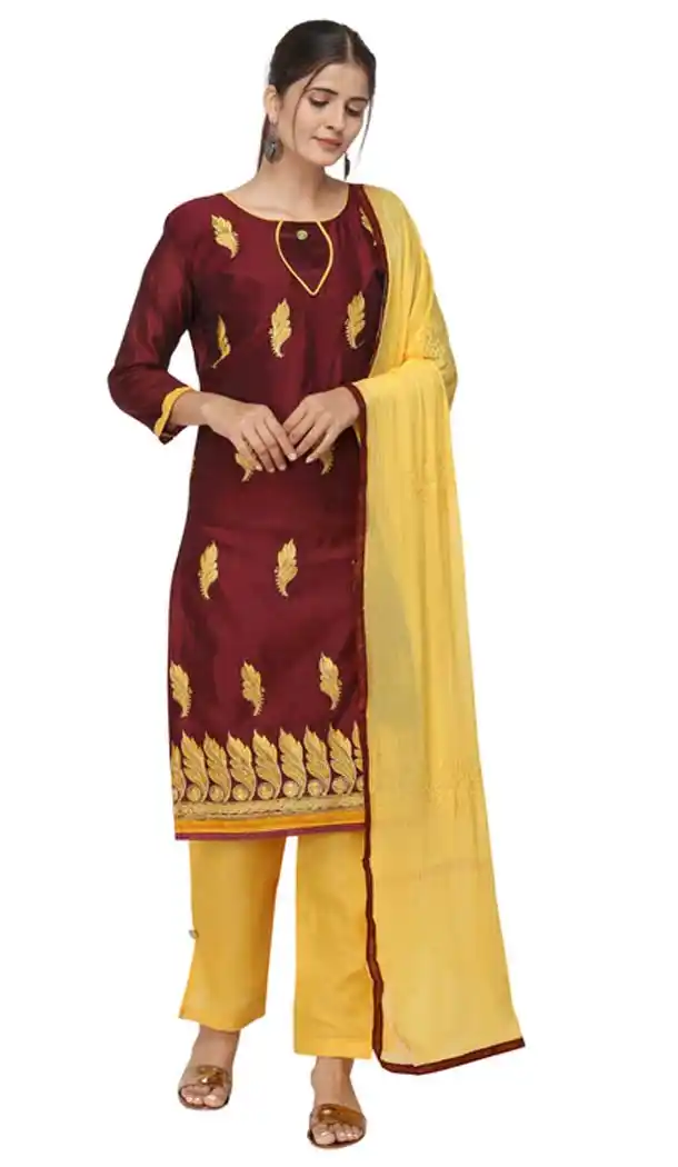 Maroon Color Chanderi Cotton Straight Cut Casual Wear Salwar Suit -820899766