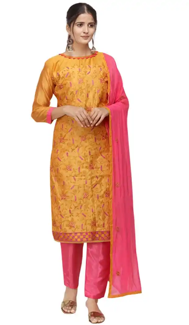 Mustard Color Chanderi Cotton Straight Cut Casual Wear Salwar Suit -820899767