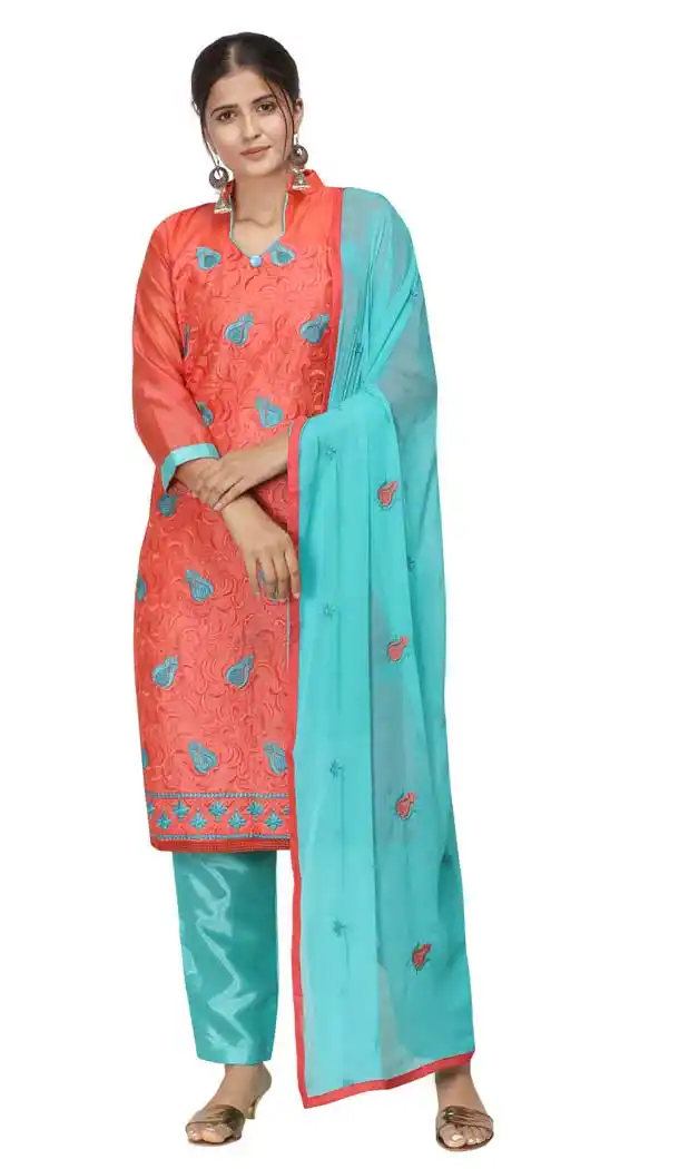 Coral Color Chanderi Cotton Straight Cut Casual Wear Salwar Suit -820899769