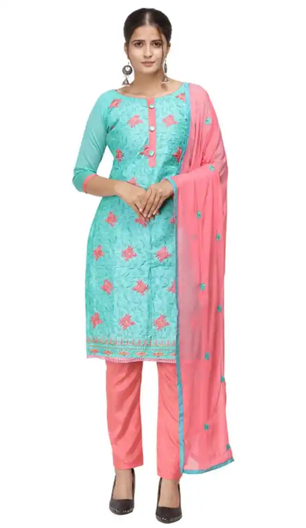 Sky Blue Color Chanderi Cotton Straight Cut Casual Wear Salwar Suit -820899770