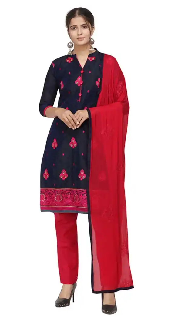 Navy Blue Color Chanderi Cotton Straight Cut Casual Wear Salwar Suit -820899772