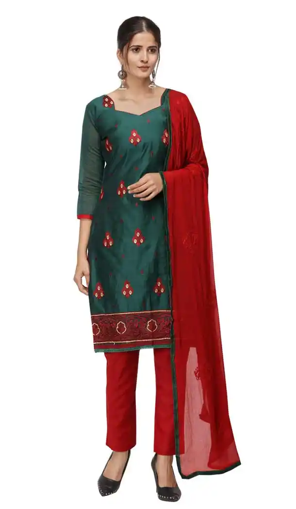 Dark Green Color Chanderi Cotton Straight Cut Casual Wear Salwar Suit -820899773