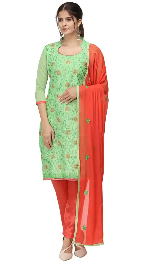 Light Green Color Chanderi Cotton Straight Cut Casual Wear Salwar Suit -820899774