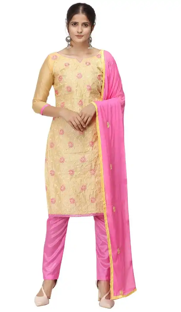 Cream Color Chanderi Cotton Straight Cut Casual Wear Salwar Suit -820899775