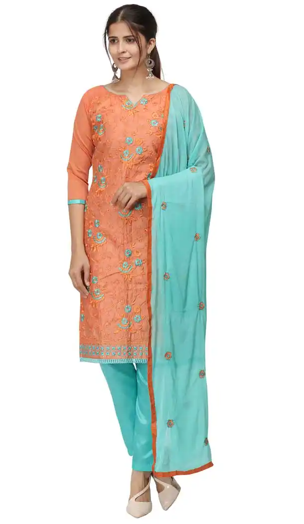 Orange Color Chanderi Cotton Straight Cut Casual Wear Salwar Suit -820899776