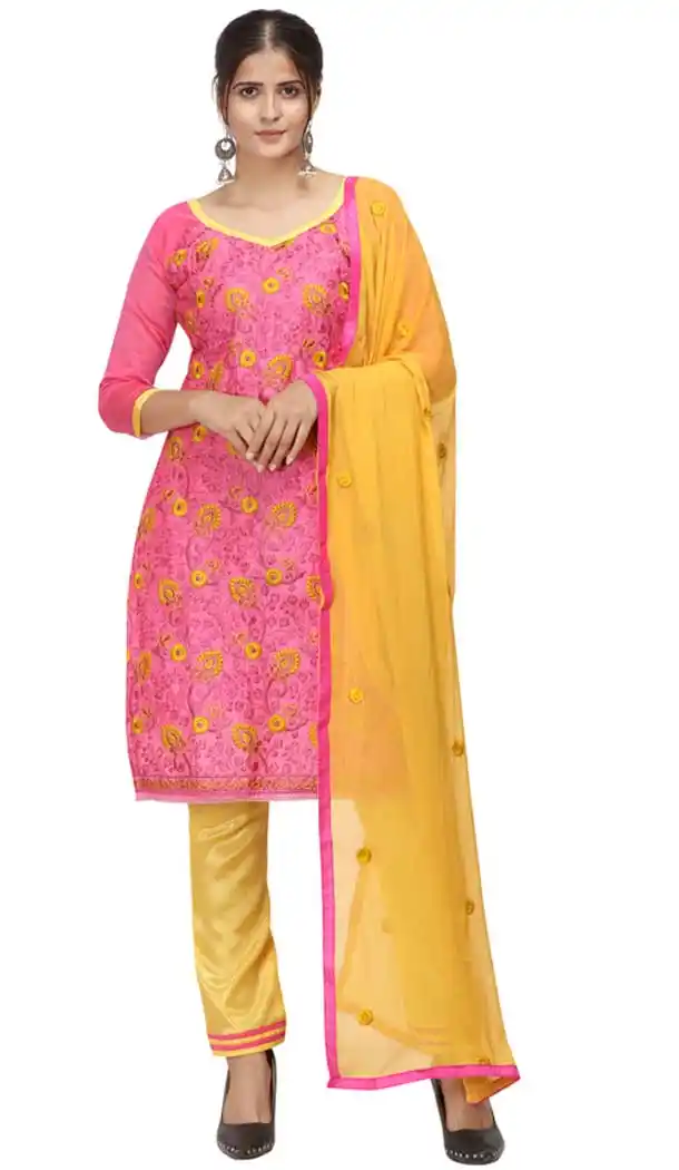 Elegance Pink Color Chanderi Cotton Straight Cut Casual Wear Salwar Suit -820899778