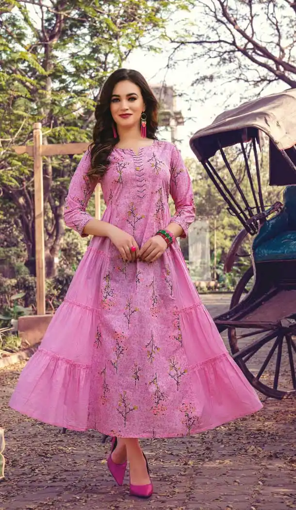Pink Color Cotton Mal Party Wear Plus Size Readymade Kurti With Mask -822699975