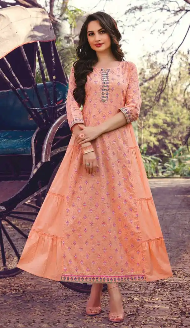 Peach Color Cotton Mal Party Wear Plus Size Readymade Kurti With Mask -822699976