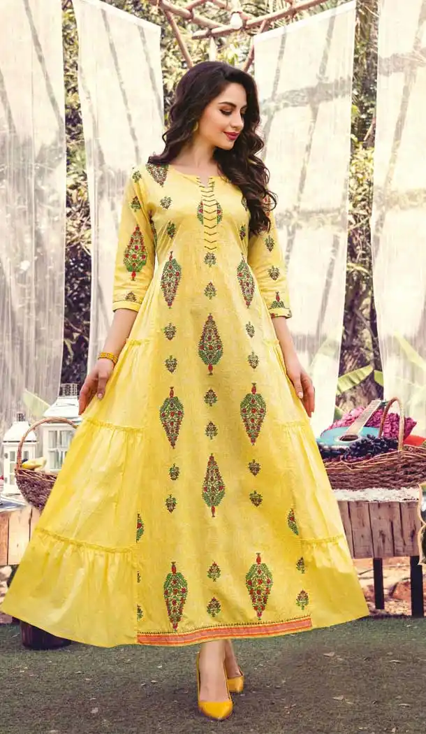 Yellow Color Cotton Mal Party Wear Plus Size Readymade Kurti With Mask -822699977