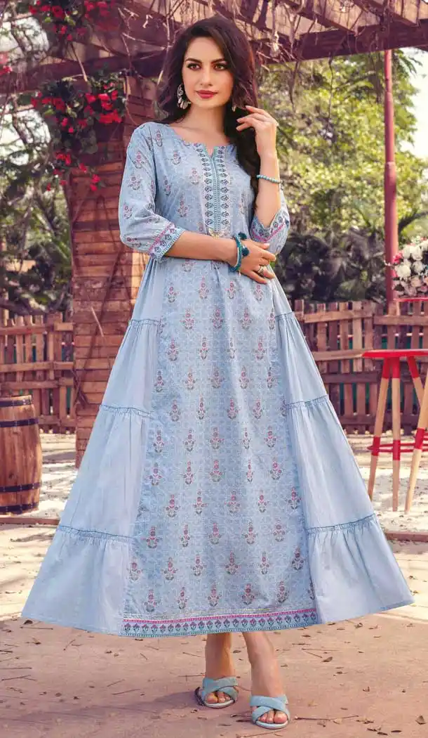 Blue Color Cotton Mal Party Wear Plus Size Readymade Kurti With Mask -822699978