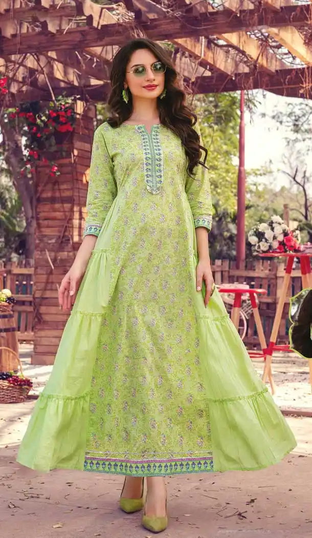 Green Color Cotton Mal Party Wear Plus Size Readymade Kurti With Mask -822699979