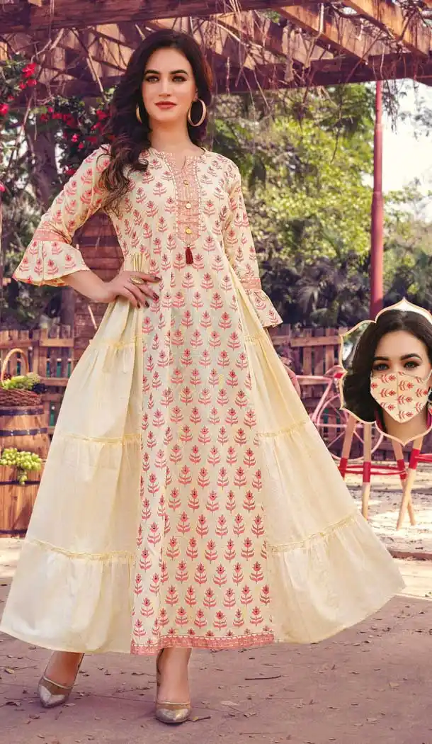 Cream Color Cotton Mal Party Wear Plus Size Readymade Kurti With Mask -822699981