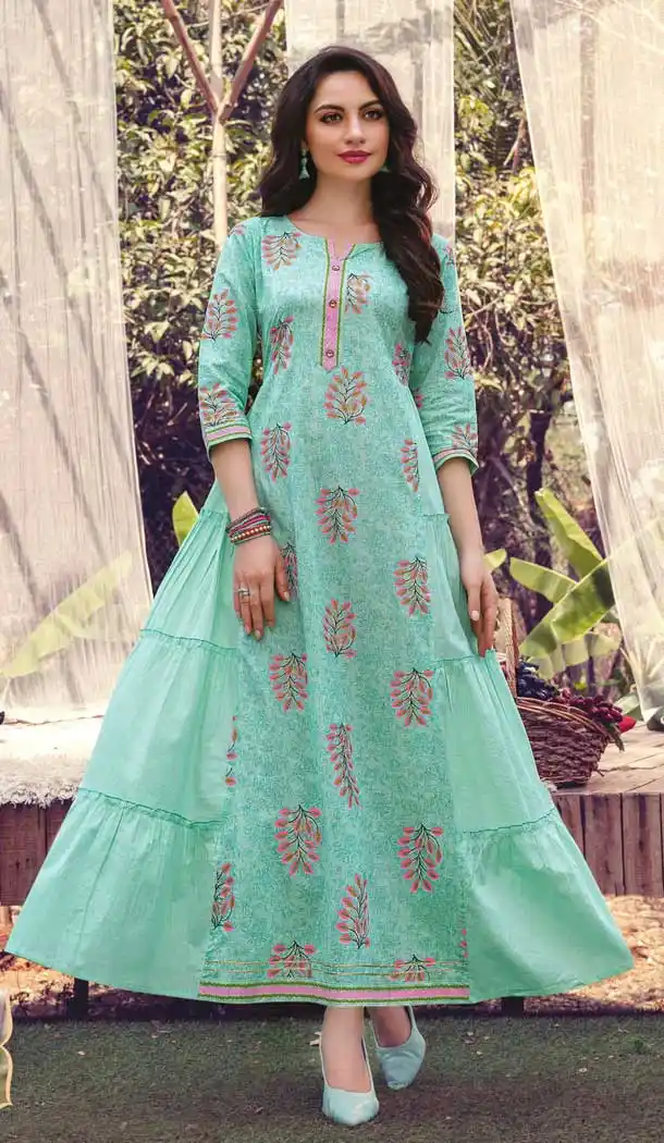 Sea Green Color Cotton Mal Party Wear Plus Size Readymade Kurti With Mask -822699982