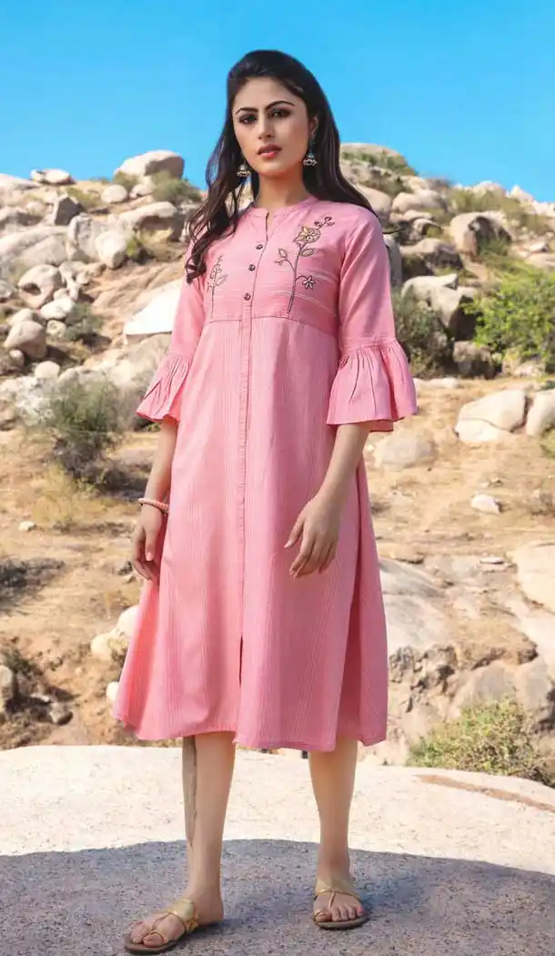Pink Color Rayon Liner Checks Party Wear Plus Size Readymade Kurti -822799983
