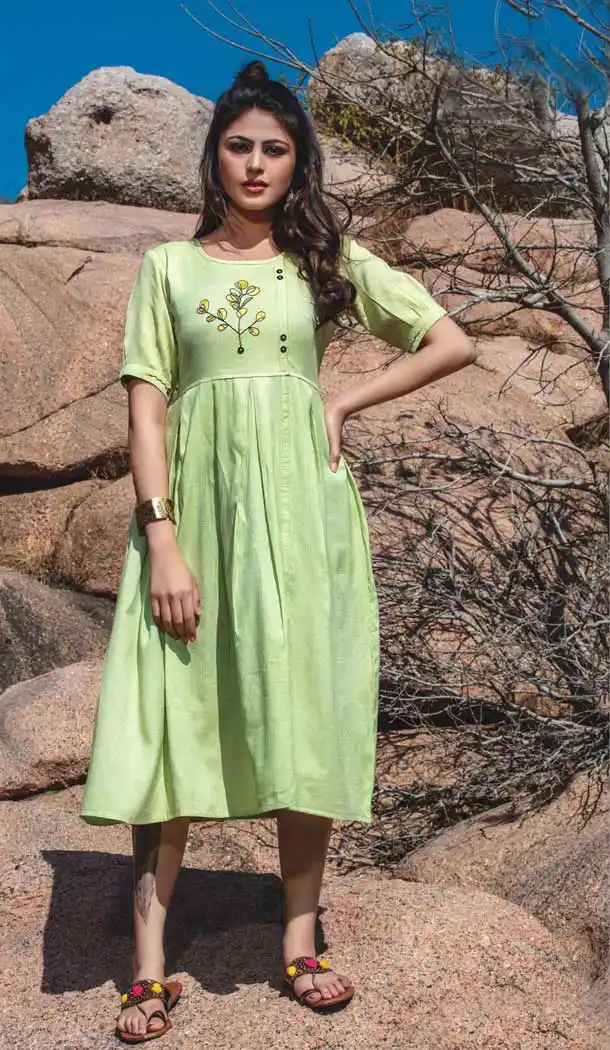Light Green Color Rayon Liner Checks Party Wear Plus Size Readymade Kurti -822799984