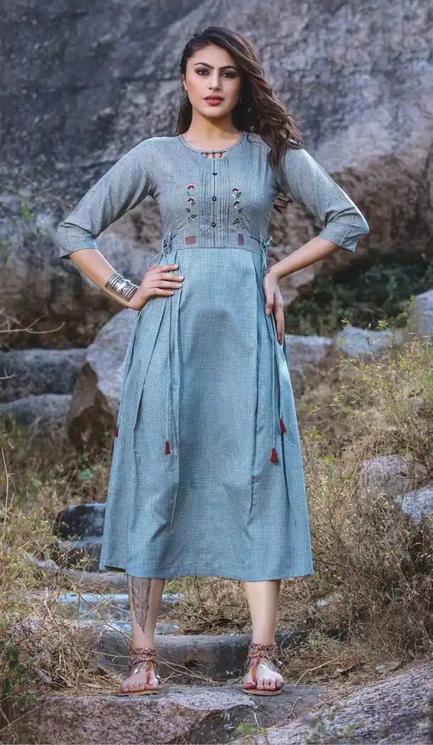 Blue Color Rayon Liner Checks Party Wear Plus Size Readymade Kurti -822799985