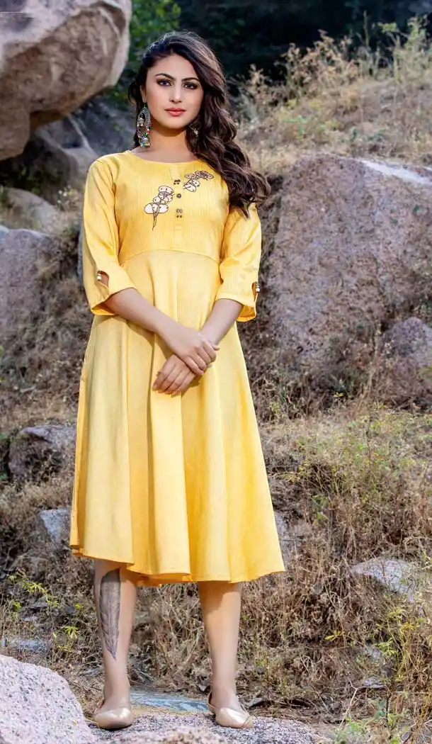 Yellow Color Rayon Liner Checks Party Wear Plus Size Readymade Kurti -822799990