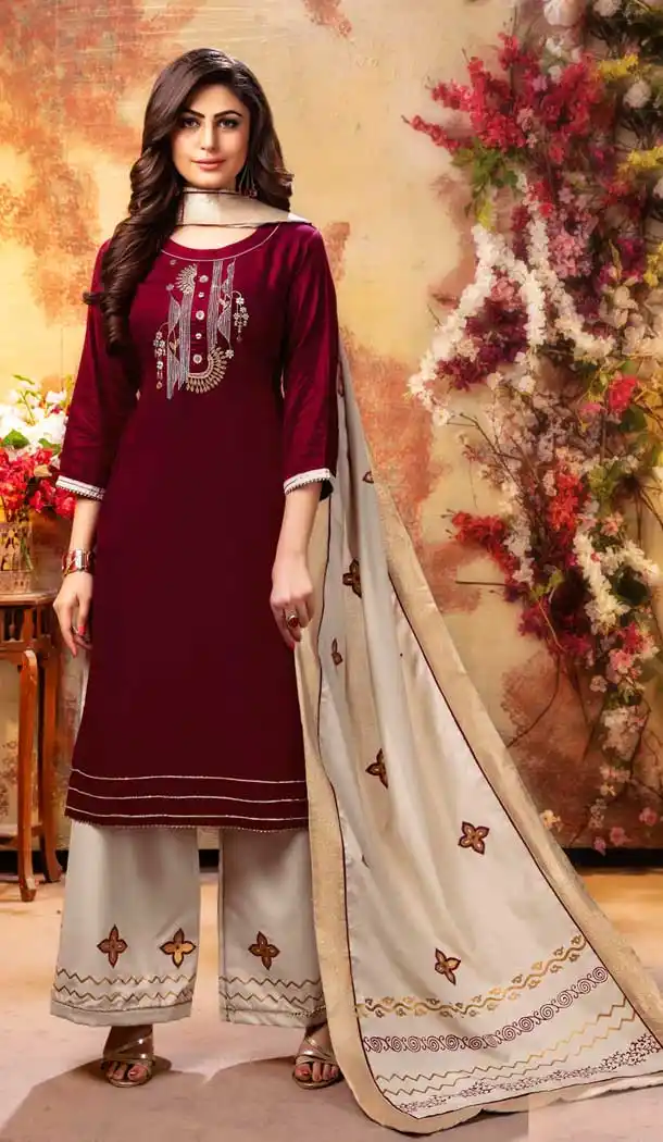 Maroon Color Rayon Ready Made Designer Party Wear Palazzo Suit -822899993