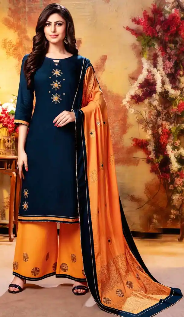 Navy Blue Color Rayon Ready Made Designer Party Wear Palazzo Suit -822899996