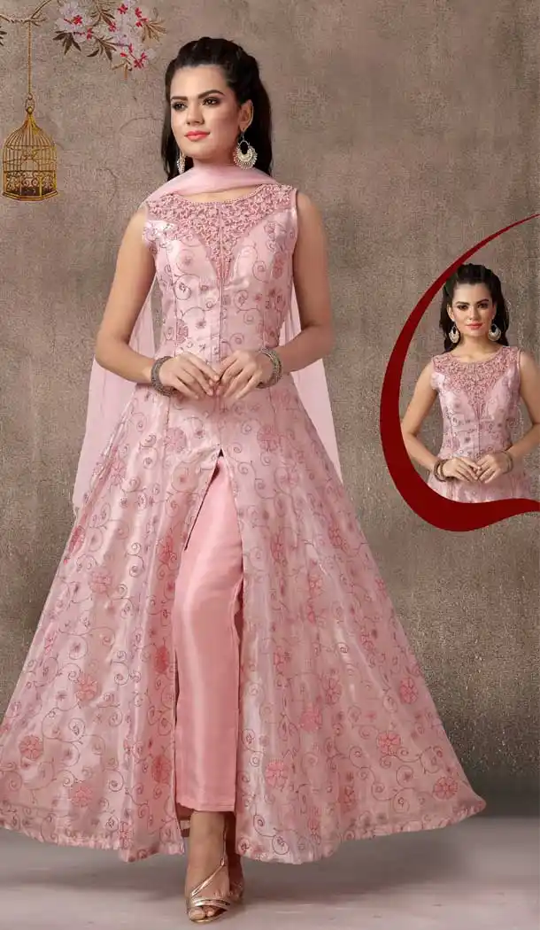 Light Pink Color Orgenza Beads Designer Readymade Indo Weastern Suit -8232100014