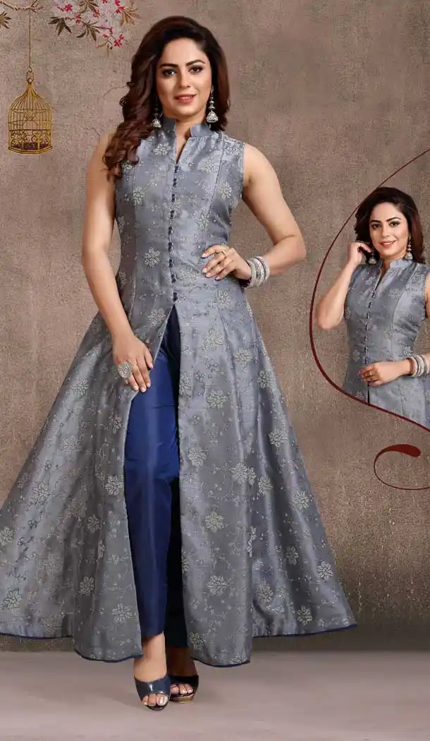 Grey Color Orgenza Beads Designer Readymade Indo Weastern Suit -8232100015