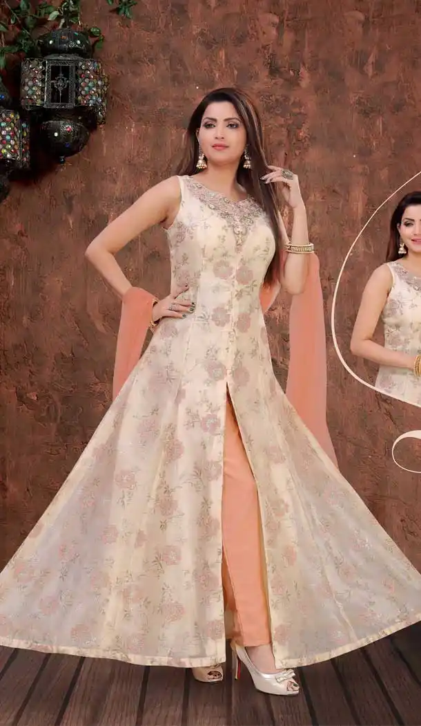 Off White Color Orgenza Beads Designer Readymade Indo Weastern Suit -8232100016