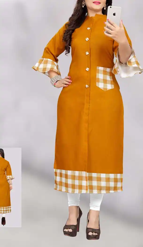 Musterd Color Cotton Casual Wear Plus Size Women Long Kurti -8236100047