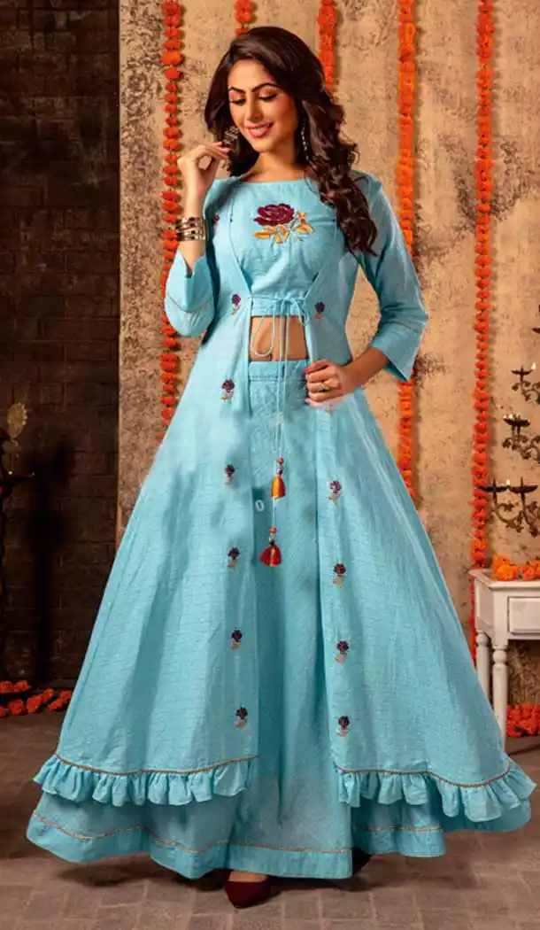 Sky Blue Color Mal Lurex Designer Navaratri Special Lehenga Suit -8237100049