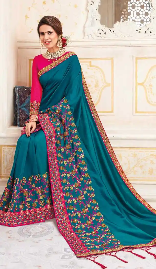 Teal Blue Color Chanderi Silk Heavy Designer Traditional Wear Saree -8242100119