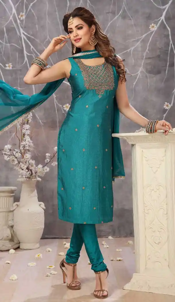 Teal Blue Color Soft Cotton Designer Party Wear Ready Made Dresses -8243100127
