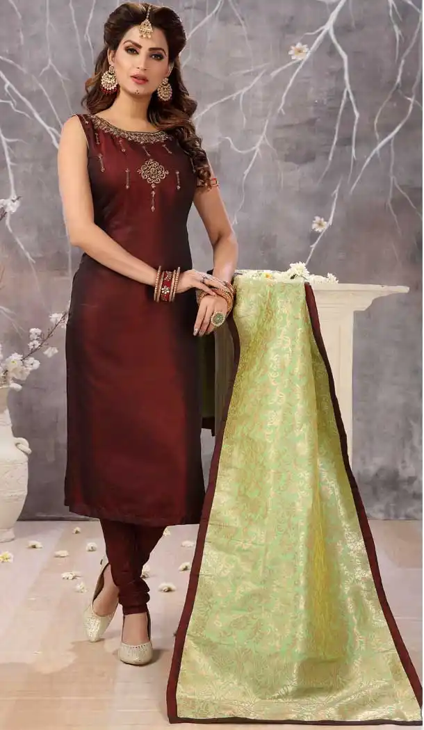 Maroon Color Tafeta Designer Party Wear Ready Made Dresses -8243100128