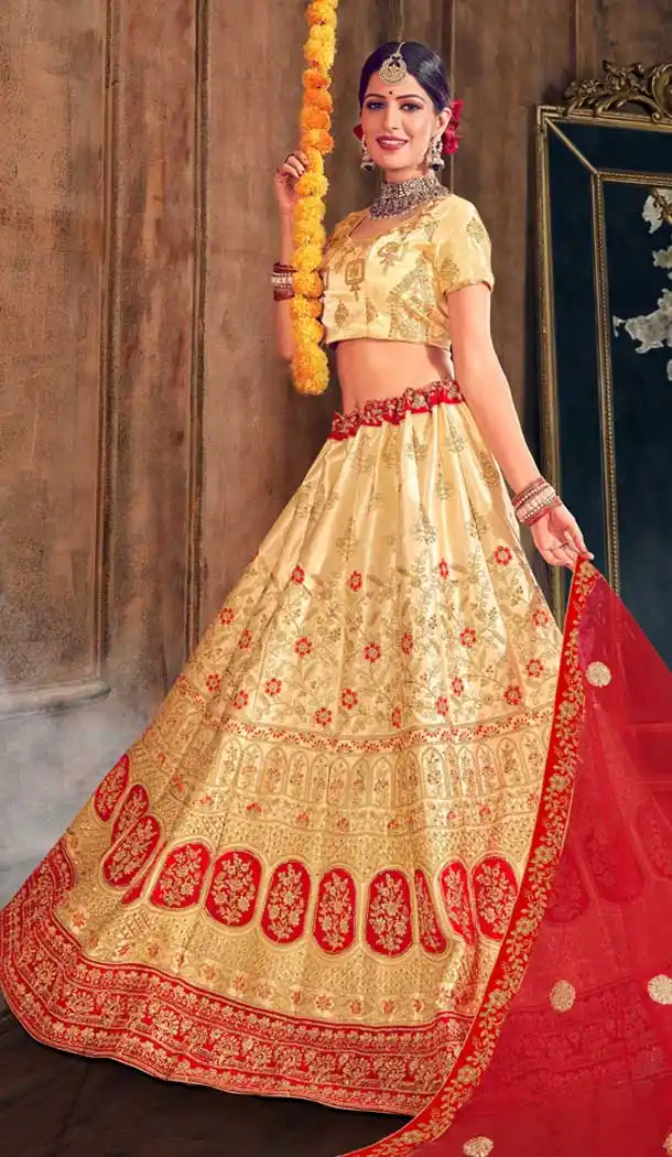 Pretty Gold Color Satin Silk Designer Traditional Wear Women Lehenga Choli -8248100168