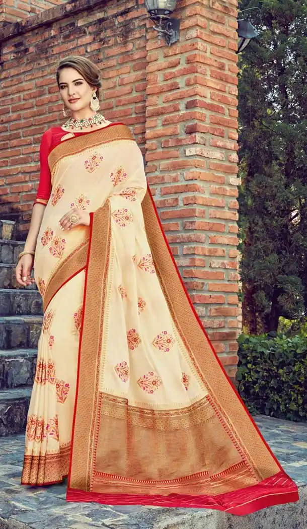 Cream Color Dola Silk Designer Party Wear Saree Blouse -8253100194