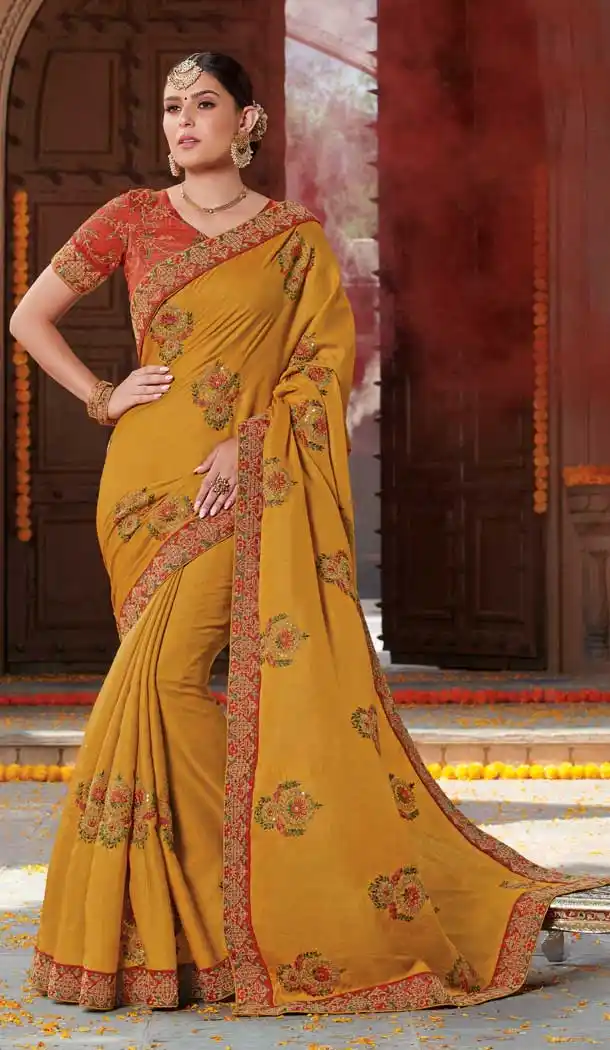 Yellow Color Tussar Silk Designer Party Wear Women Saree Blouse -8259100232