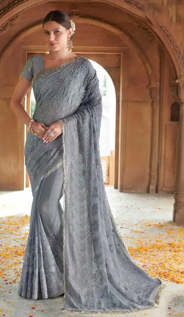 Grey Color Chiffon Designer Party Wear Women Saree Blouse -8259100236