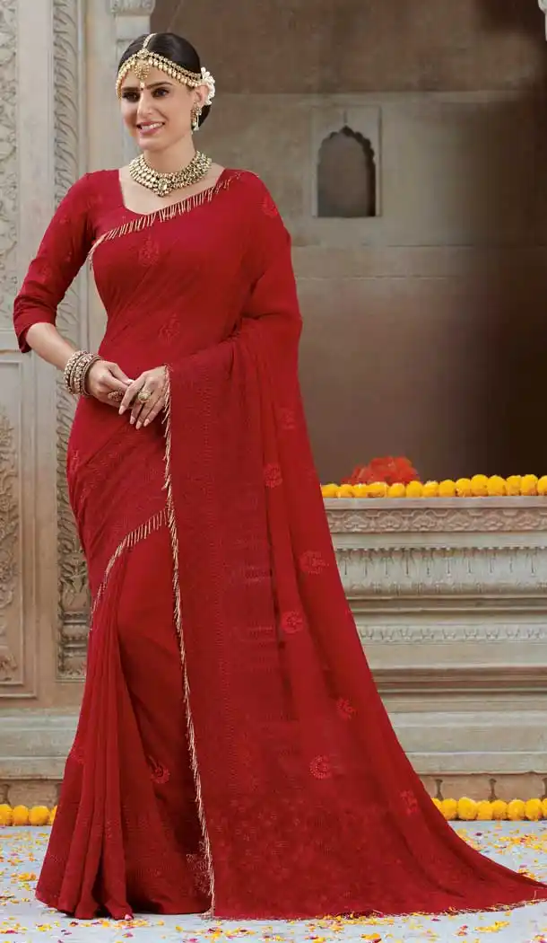 Red Color Chiffon Designer Party Wear Women Saree Blouse -8259100237