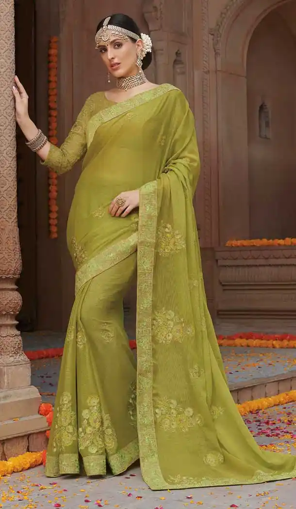 Pista Color Chiffon Designer Party Wear Women Saree Blouse -8259100241