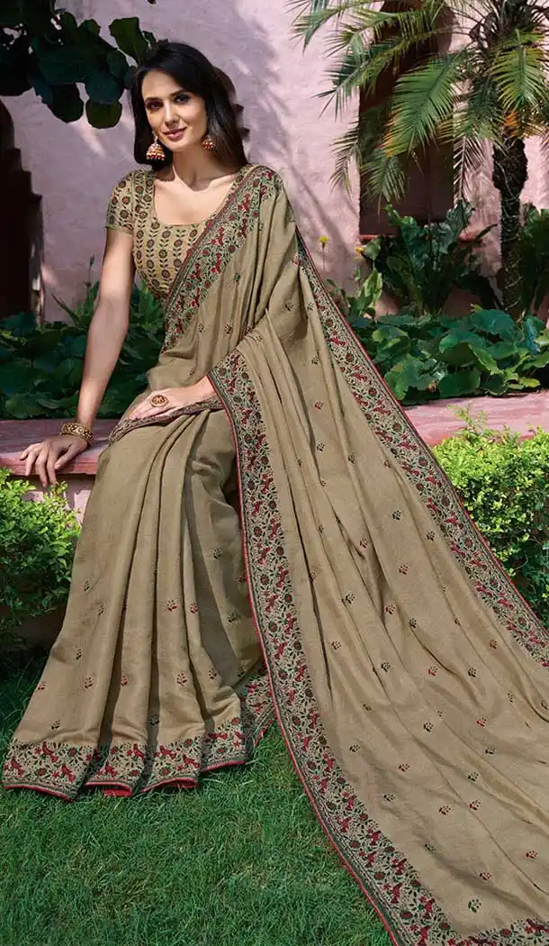 Dusty Chikoo Color Tussor Silk Designer Party Wear Women Saree -8260100254