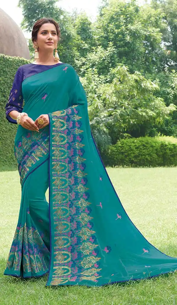 Scintillating Rama Color Silk Designer Party Wear Women Saree -8260100255