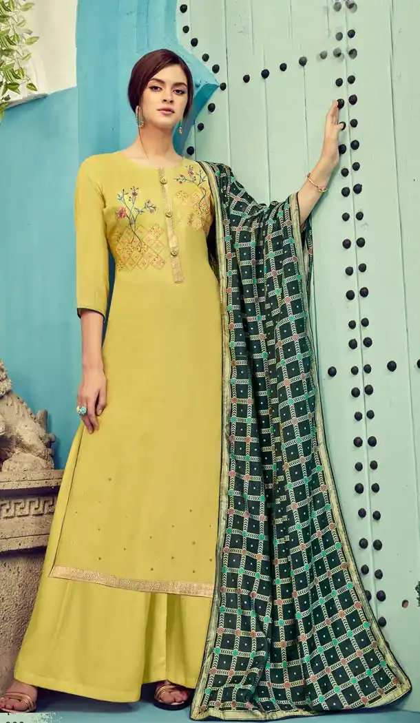 Yellow Color Pure Viscose Maslin Evening Party Wear Plazzo Suit -8267100353