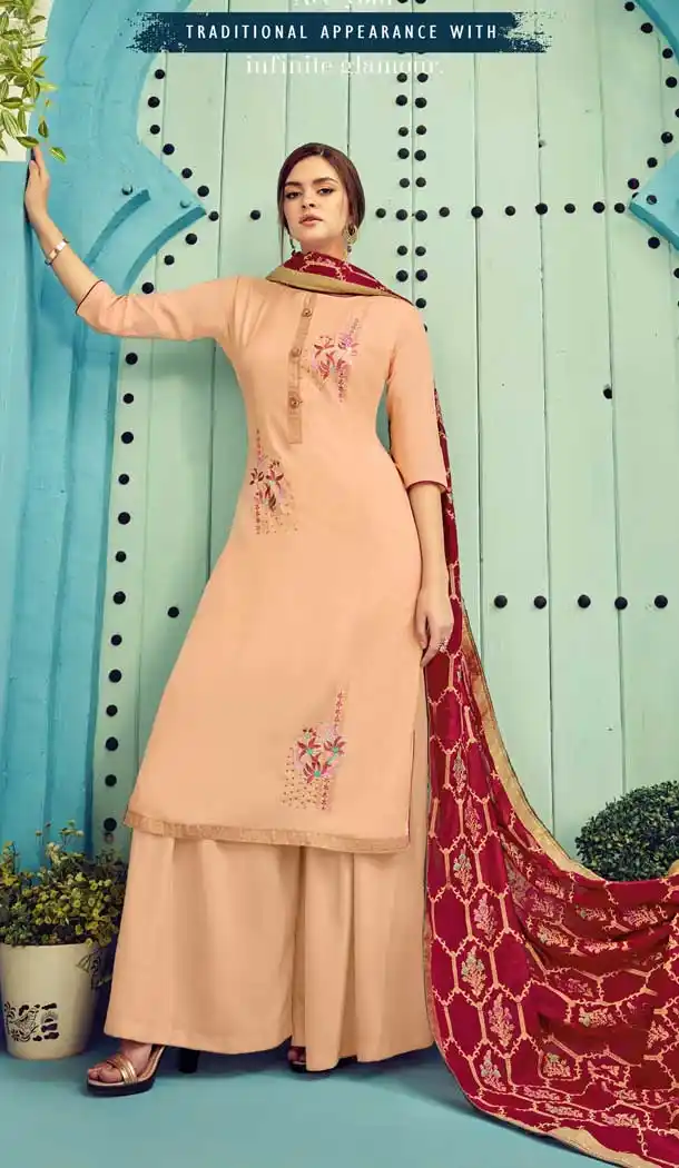 Cream Color Pure Viscose Maslin Evening Party Wear Plazzo Suit -8267100355