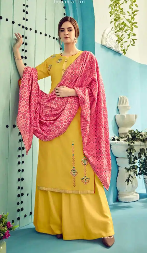 Exquisite Yellow Color Pure Viscose Maslin Evening Party Wear Plazzo Suit -8267100356