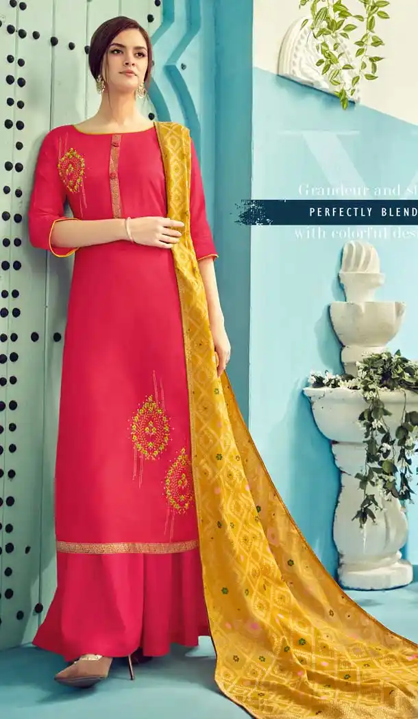 Rani Pink Color Pure Viscose Maslin Evening Party Wear Plazzo Suit -8267100357