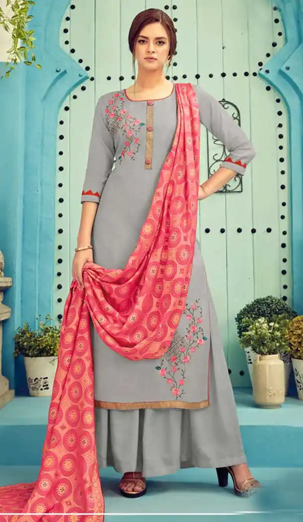 Grey Color Pure Viscose Maslin Evening Party Wear Plazzo Suit -8267100358
