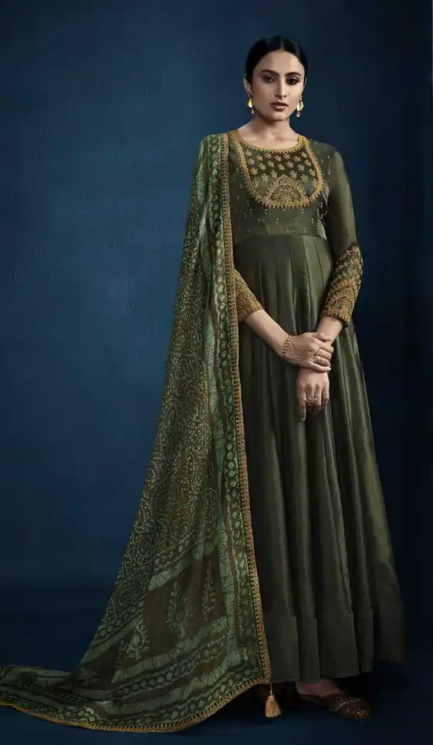 Khakhi Green Color Silky Satin Georgette Designer Party Wear Suit -8268100361