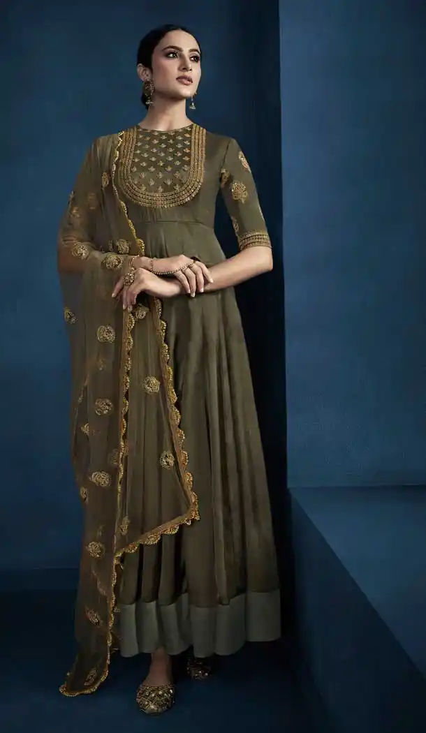 Mehendi Green Color Silky Satin Georgette Designer Party Wear Suit -8268100364