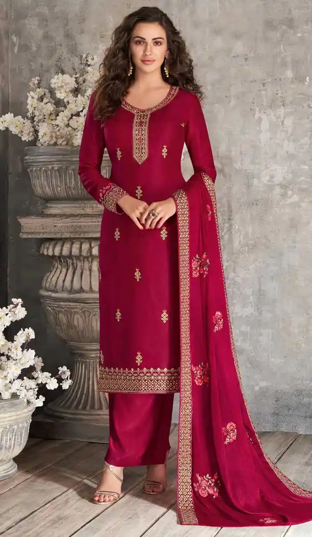 Rani Pink Color Premium Tussar Silk Party Wear Palazzo Suit -8289100578