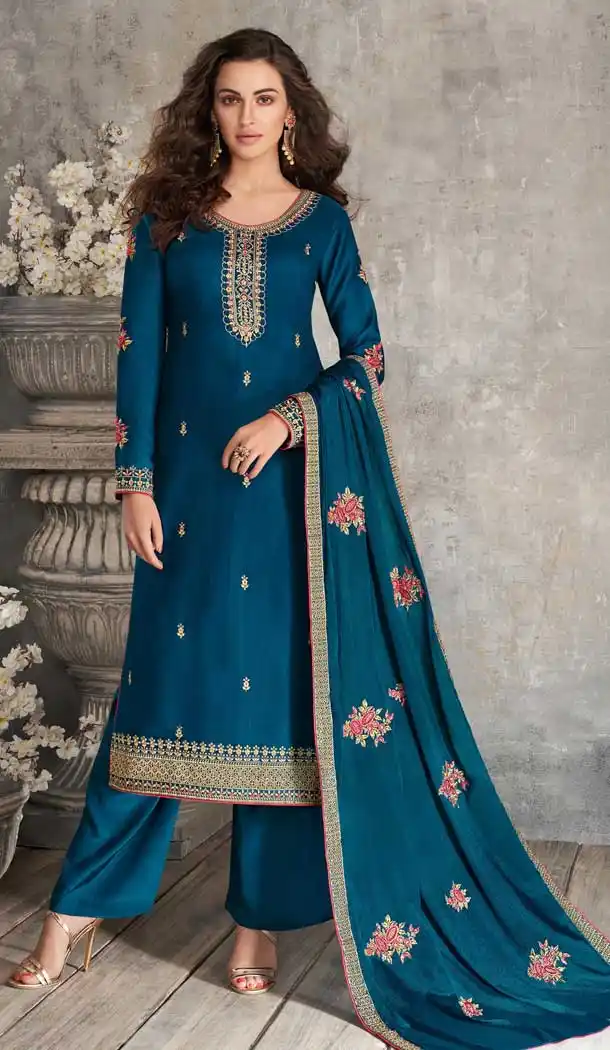 Teal Blue Color Premium Tussar Silk Party Wear Palazzo Suit -8289100579