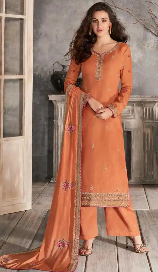 Off Orange Color Premium Tussar Silk Party Wear Palazzo Suit -8289100580
