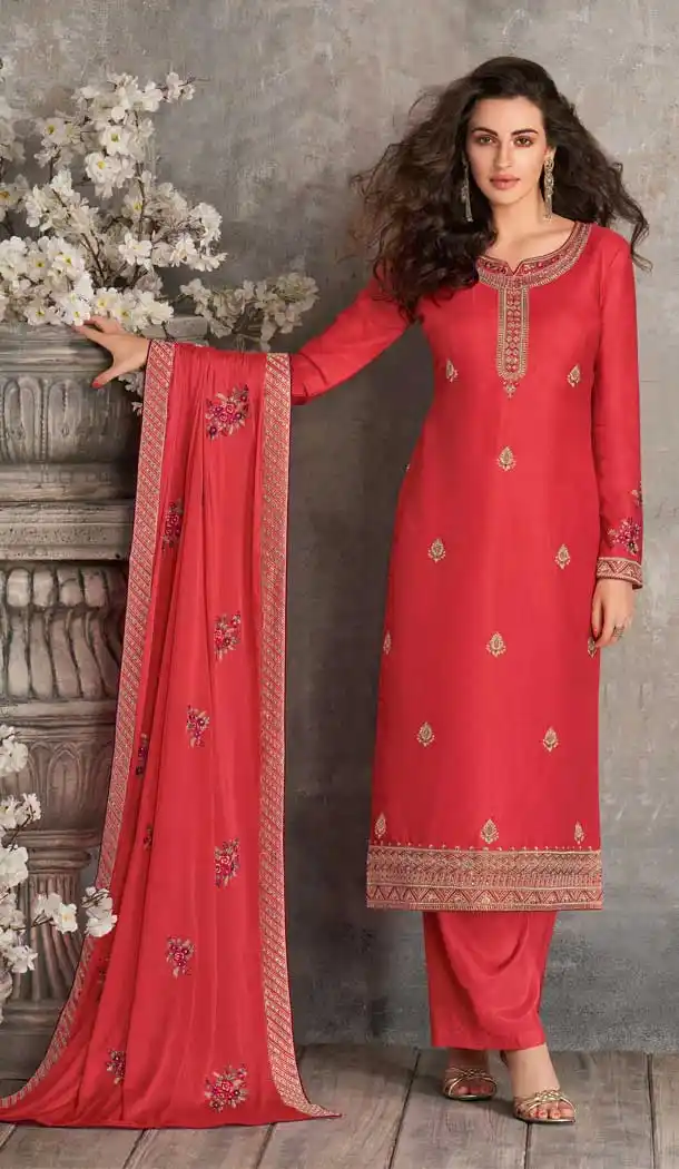 Tomato Red Color Premium Tussar Silk Party Wear Palazzo Suit -8289100583